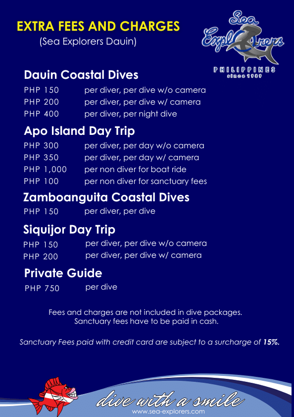 sea explorers dauin extra fees and charges